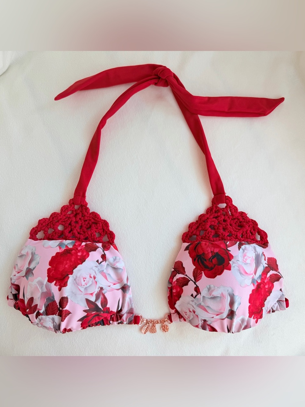 Bahimi Red Floral Crochet Triangle Bikini Top N